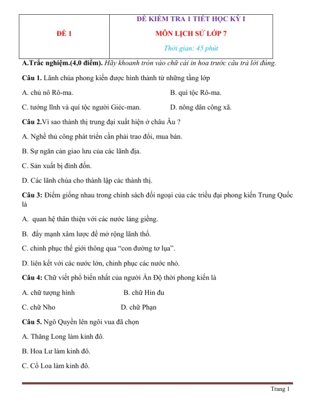 10 Đề Kiểm Tra 1 Tiết Lịch Sử 7 Học Kỳ 1 - Thumbnail