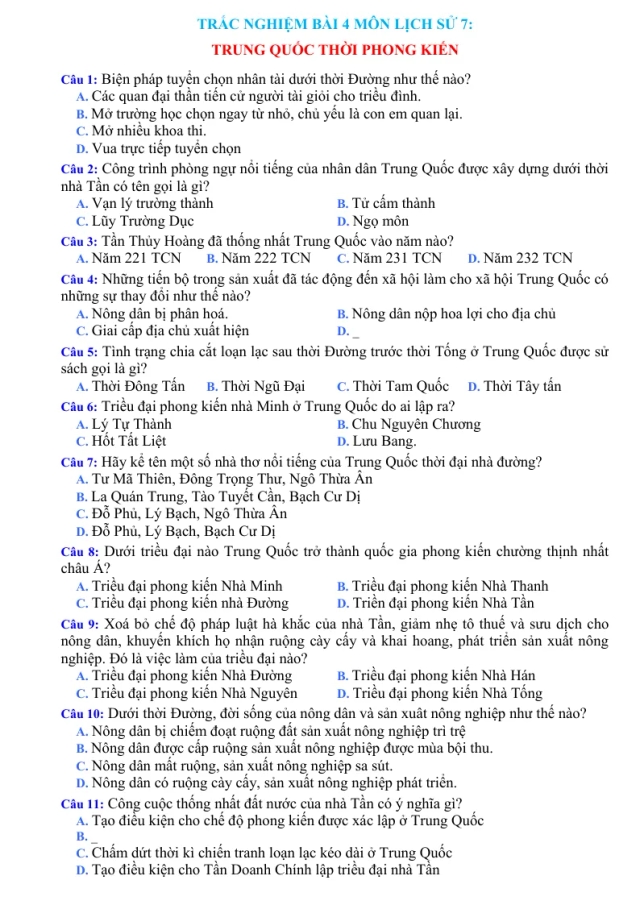 Trắc Nghiệm Bài 4 Lịch Sử 7: Trung Quốc Thời Phong Kiến Có Đáp Án - Tạ Thị Thúy Anh - Thumbnail