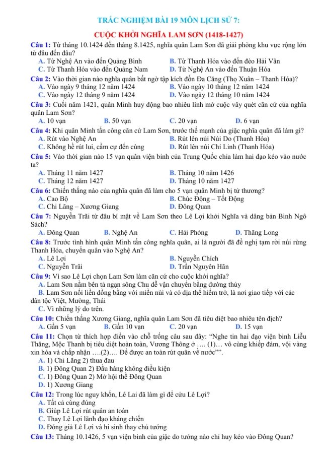 Trắc Nghiệm Bài 19 Lịch Sử 7: Cuộc khởi nghĩa Lam Sơn (1418 - 1427) - Tạ Thị Thúy Anh - Thumbnail