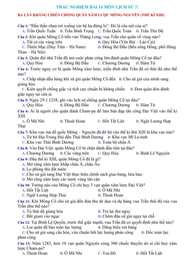 Trắc Nghiệm Bài 14 Lịch Sử 7:Ba Lần Kháng Chiến Chống Quân Xâm Lược Mông - Nguyên - Thumbnail