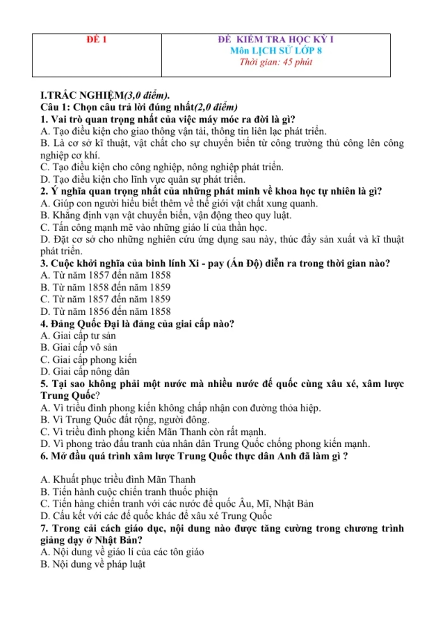 15 Đề Thi Học Kỳ 1 Lịch Sử 8 - Thumbnail