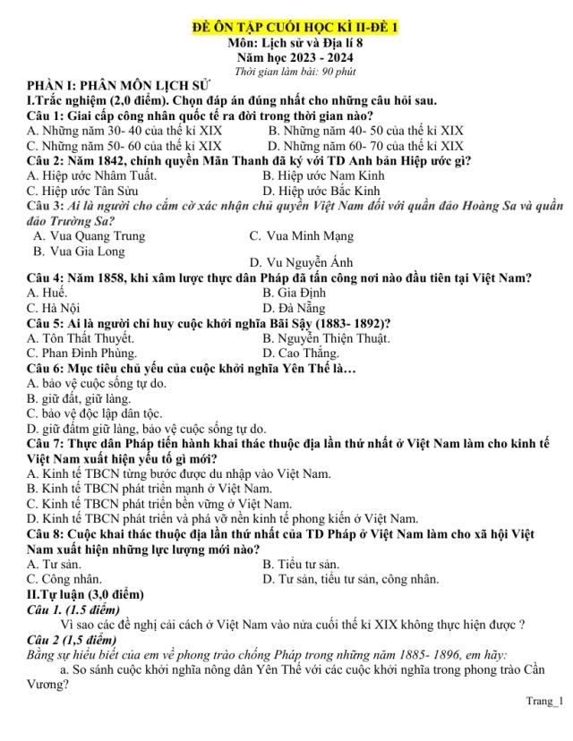 Bộ Đề Ôn Tập Học Kỳ 2 Lịch Sử 8 Có Đáp Án Ma Trận Đặc Tả - Thumbnail
