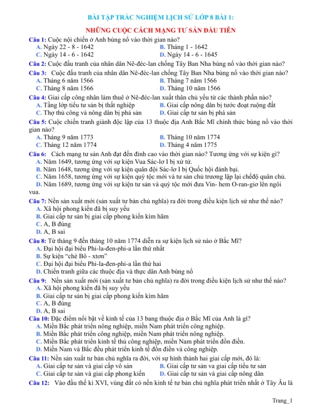 Trắc Nghiệm Sử 8 Bài 1: Những Cuộc Cách Mạng Tư Sản Đầu Tiên - Thumbnail