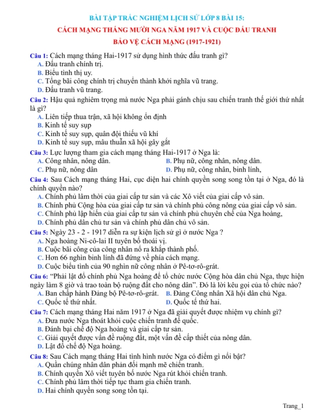 Trắc Nghiệm Sử 8 Bài 15: Cách Mạng Tháng Mười Nga Năm 1917 Và Cuộc Đấu Tranh Bảo Vệ Cách Mạng - Thumbnail
