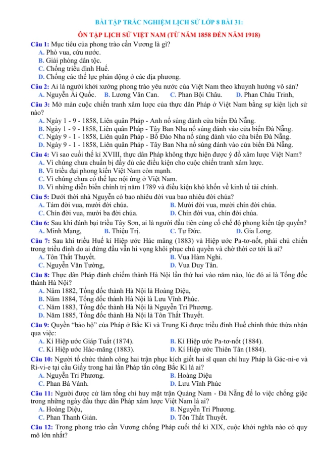 Trắc Nghiệm Sử 8 Bài 31: Ôn Tập Lịch Sử Việt Nam Từ Năm 1858 Đến Năm 1918 - Thumbnail