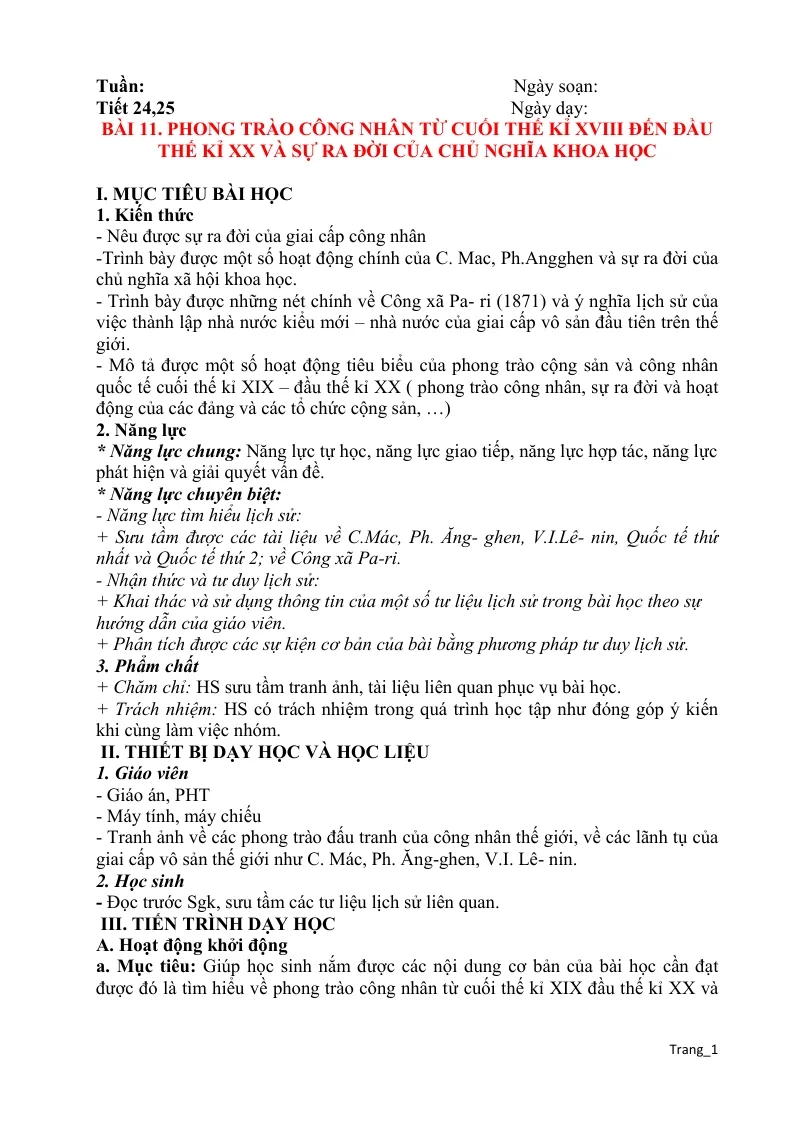 Giáo Án Lịch Sử 8 Bài 11 Phong Trào Công Nhân Từ Cuối Thế Kỉ XVIII Đến Đầu Thế Kỉ XX Và Sự Ra Đời Của Chủ Nghĩa Khoa Học