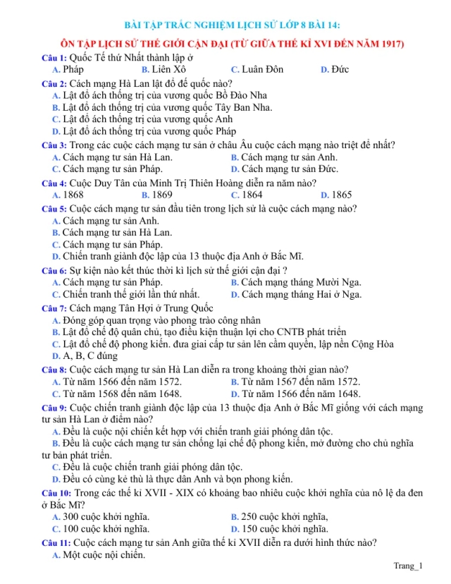 Trắc Nghiệm Sử 8 Bài 14: Ôn Tập Lịch Sử Thế Giới Cận Đại Từ Giữa Thế Kỷ 16 Đến Năm 1917 - Thumbnail