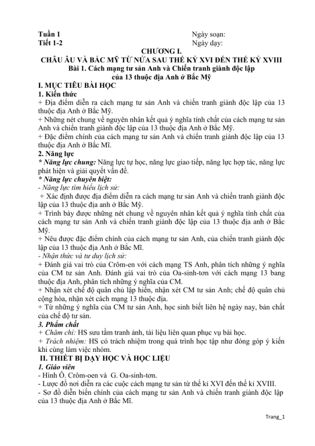 Giáo Án Lịch Sử 8 Bài 1 Cách Mạng Tư Sản Anh Và Chiến Tranh Giành Độc Lập Của 13 Thuộc Địa Anh Ở Bắc Mỹ - Thumbnail