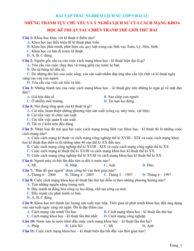 Trắc Nghiệm Sử 9 Bài 12 Có Đáp Án File - Thumbnail