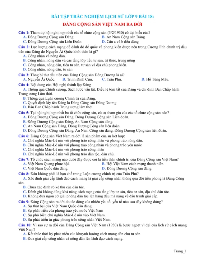 Trắc Nghiệm Sử 9 Bài 18 Có Đáp Án File - Thumbnail