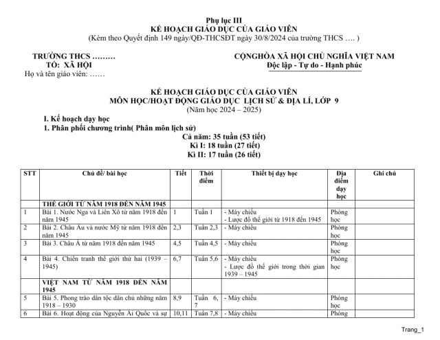 Kế Hoạch Giáo Dục Lịch Sử 9 2024 - 2025 - Thumbnail