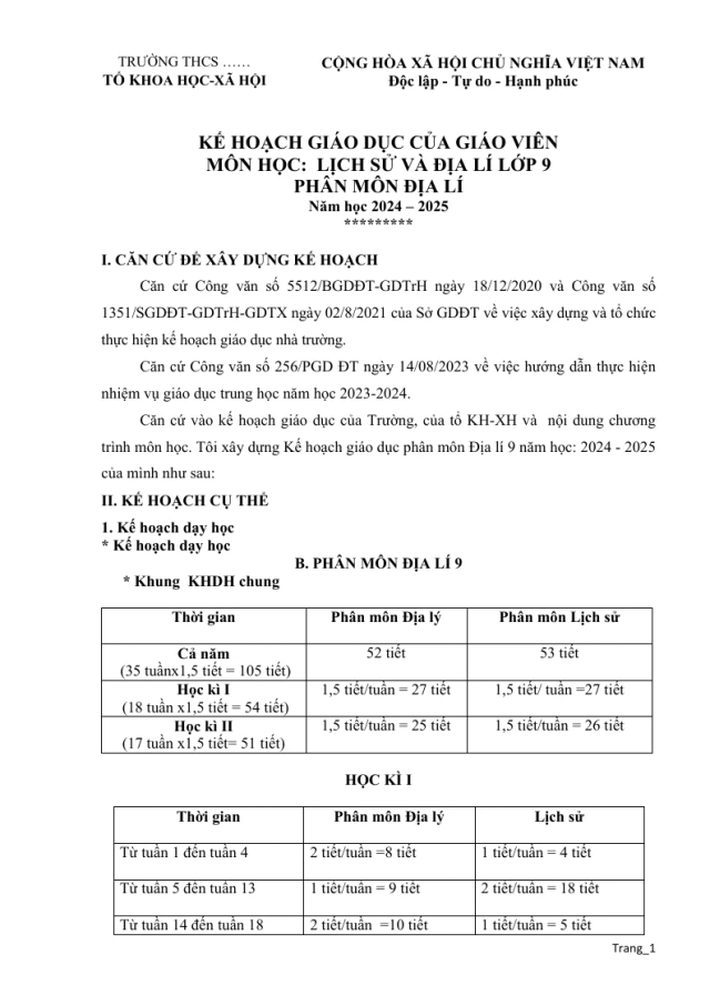 Kế Hoạch Giáo Dục Địa Lí 9 2024 - 2025 - Thumbnail