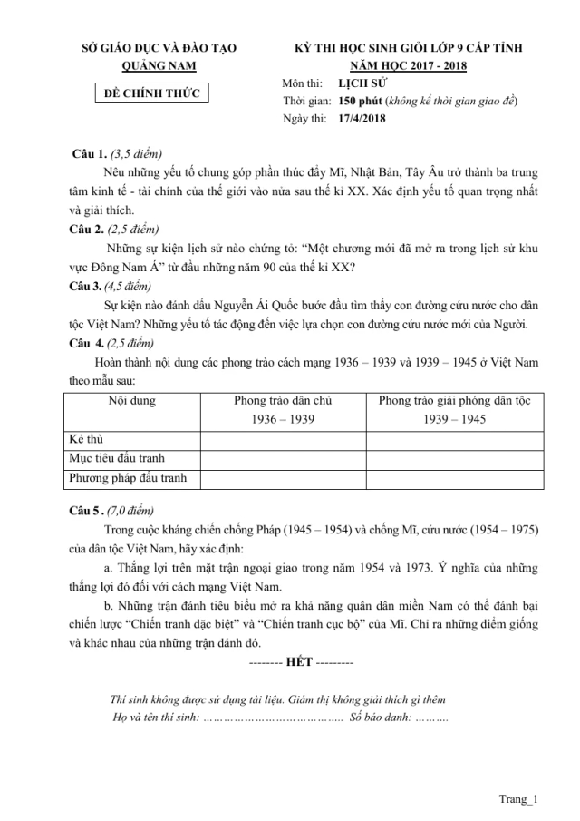 Đề Thi HSG Môn Lịch Sử 9 Tỉnh Quảng Nam 2017 - 2018 - Thumbnail
