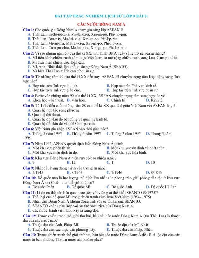 Trắc Nghiệm Môn Sử 9 Bài 5 Có Đáp Án File - Thumbnail