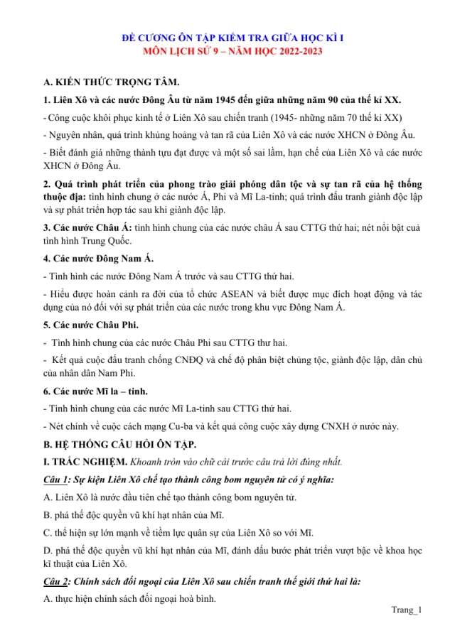 Đề Cương Ôn Thi Giữa Kì 1 Môn Sử 9 Năm Học 2022 - 2023 - Thumbnail