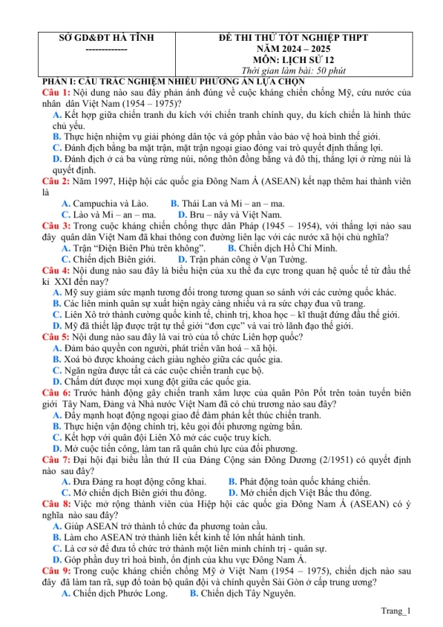 Đề Thi Thử Tốt Nghiệp 2025 Lịch Sử Sở GD Hà Tĩnh - Thumbnail