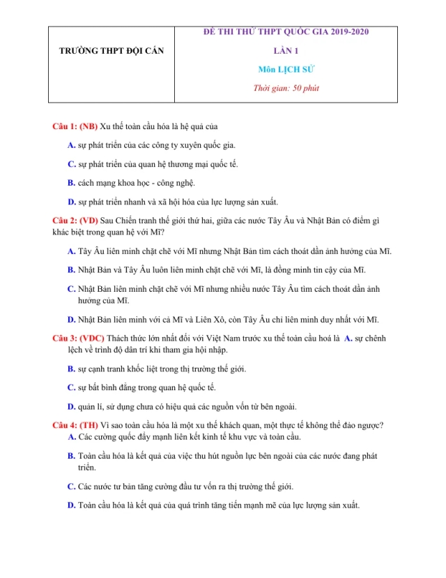 Đề Thi Thử THPT Quốc Gia Lịch Sử 2020 Trường Đội Cấn Lần 1 - Thumbnail
