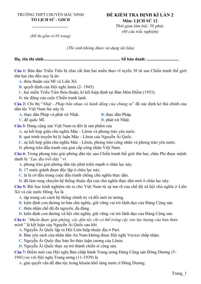 Đề Thi Thử Tốt Nghiệp THPT 2022 Lịch Sử Chuyên Bắc Ninh Lần 2 - Thumbnail