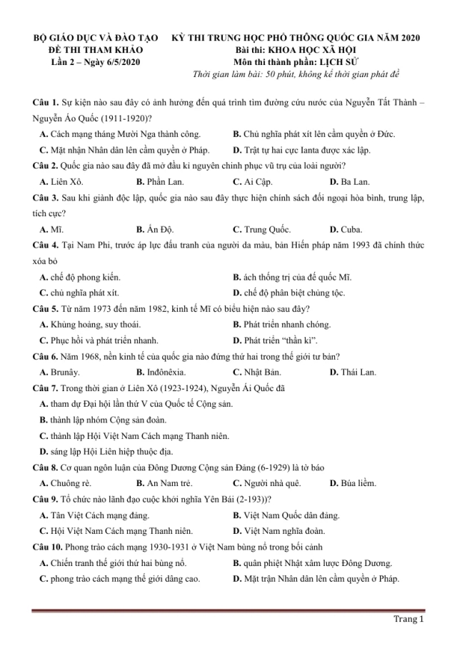 Đề Minh Họa Môn Sử 2020 Lần 2 - Thumbnail