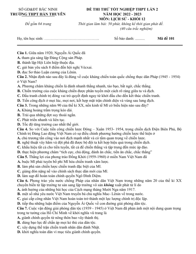 Đề Thi Thử TN 2023 Lịch Sử THPT Hàn Thuyên Lần 2 - Thumbnail