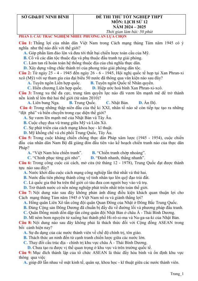 Đề Thi Thử Tốt Nghiệp 2025 Lịch Sử Sở GD Ninh Bình - Thumbnail