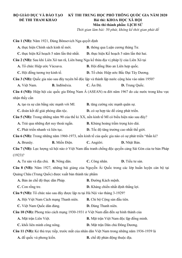 Đề Minh Họa Môn Sử 2020 - Thumbnail