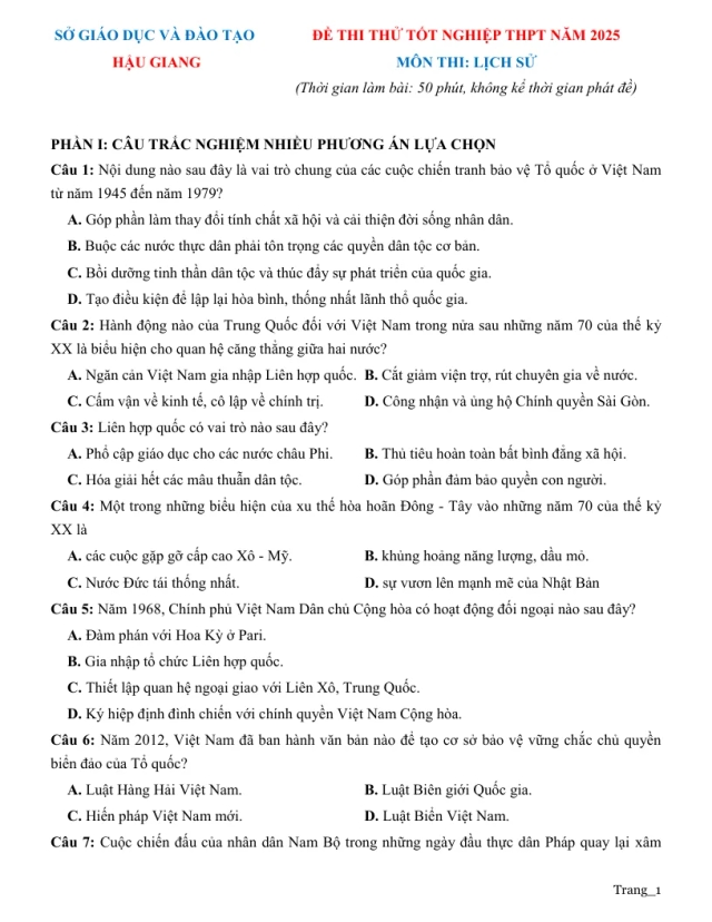 Đề Thi Thử Tốt Nghiệp 2025 Lịch Sử Sở GD Hậu Giang Lần 2 - Thumbnail
