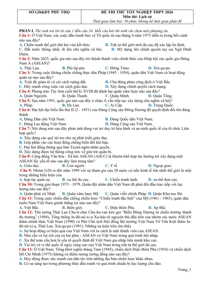 Đề Thi Thử Tốt Nghiệp THPT 2026 Lịch Sử Sở GD Phú Thọ - Thumbnail