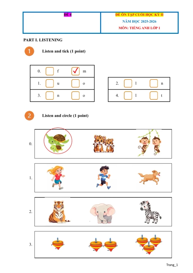 Đề Ôn Tập HK2 Tiếng Anh Lớp 1 Có Đáp Án File Nghe - Đề 4 - Thumbnail