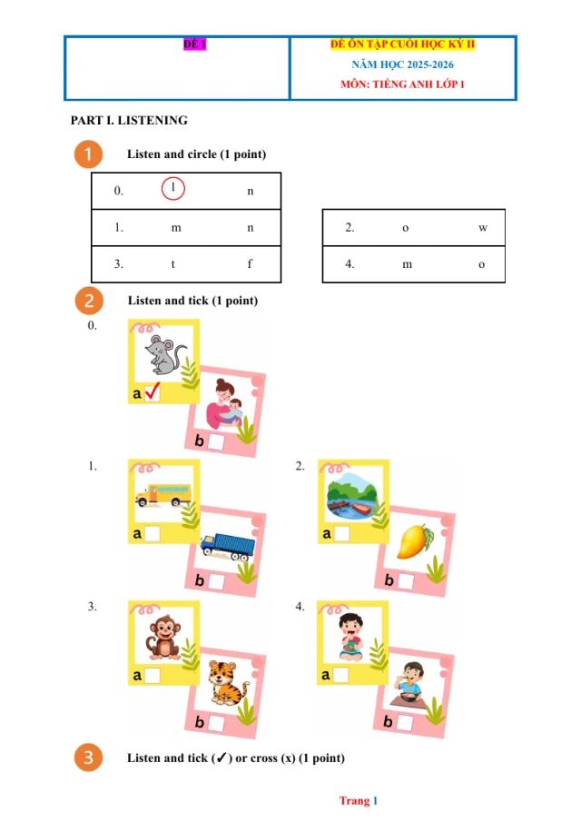 Đề Ôn Tập Học Kỳ 2 Tiếng Anh Lớp 1 Có Đáp Án File Nghe - Đề 1 - Thumbnail