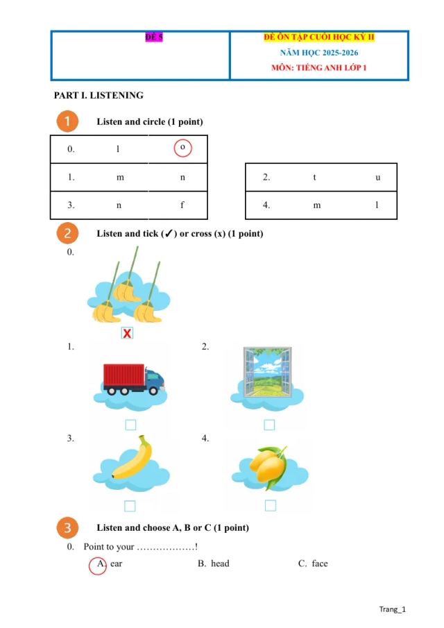 Đề Ôn Tập HK 2 Tiếng Anh Lớp 1 Có Đáp Án File Nghe - Đề 5 - Thumbnail
