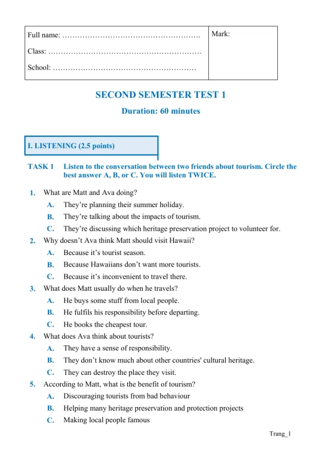 Bộ Đề Kiểm Tra Học Kỳ 2 Tiếng Anh 11 - Thumbnail
