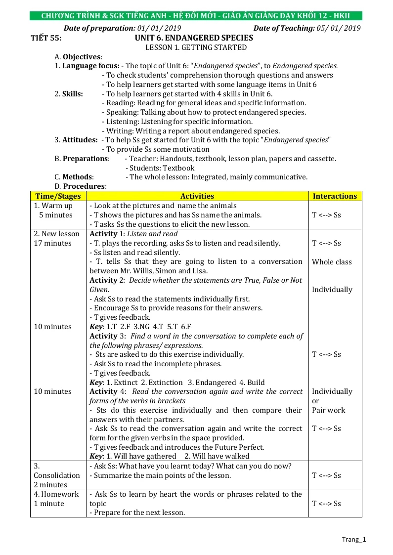 Giáo Án Tiếng Anh 12 HK 2 Phương Pháp Mới Định Hướng Phát Triển Năng Lực