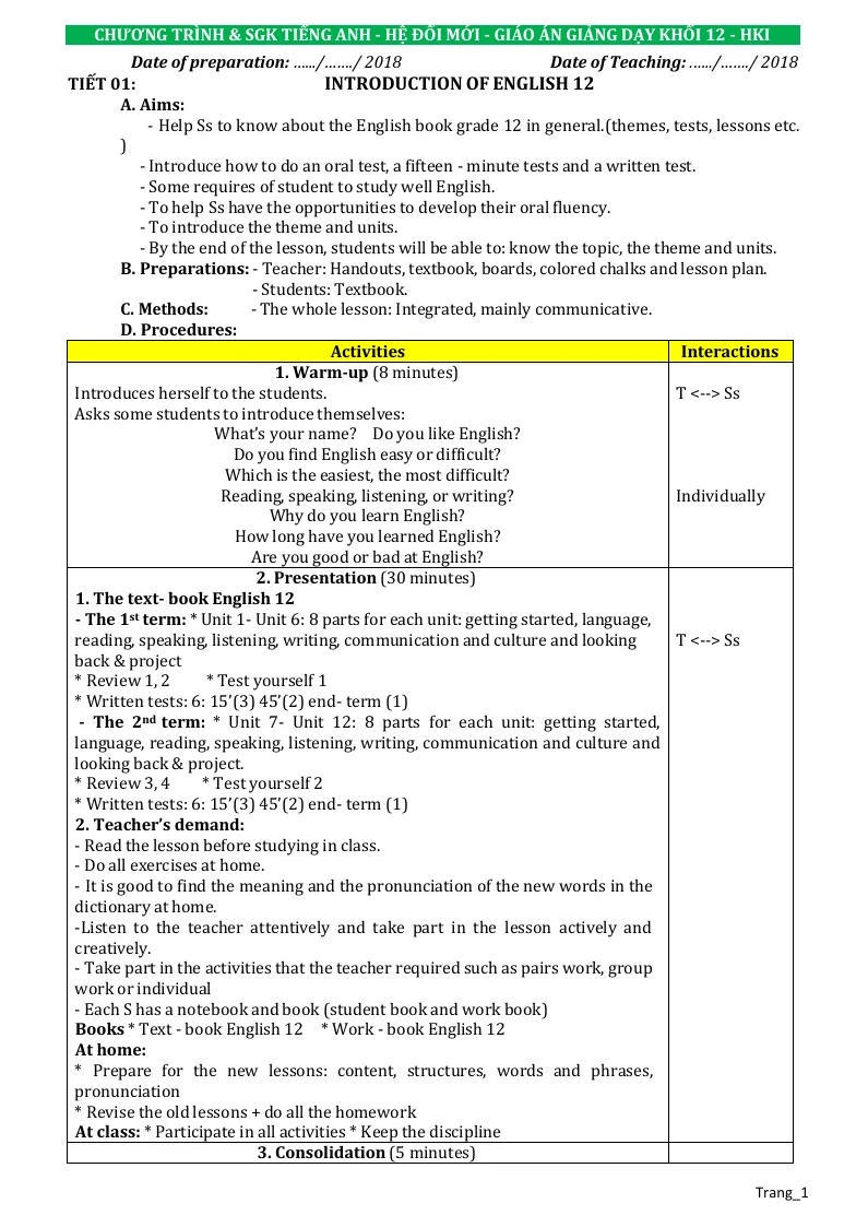 Giáo Án Tiếng Anh 12 Học Kỳ 1 Phương Pháp Mới Định Hướng Phát Triển Năng Lực