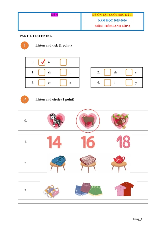 Đề Ôn Tập HK2 Tiếng Anh 2 Có Đáp Án File Nghe - Đề 4 - Thumbnail