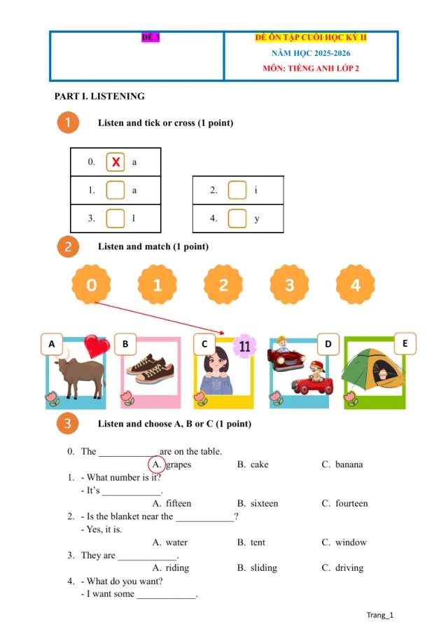 Đề Ôn Học Kỳ 2 Tiếng Anh 2 Có Đáp Án File Nghe - Đề 3 - Thumbnail