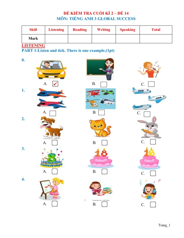 Đề Ôn Thi HK2 Anh 3 2024 - 2025 Có Đáp Án Và File Nghe - Đề 14 - Thumbnail