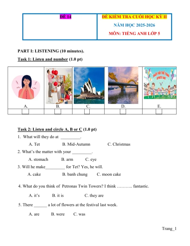 Đề Kiểm Tra HK2 Tiếng Anh 5 Năm 2025 - 2026 Có Đáp Án File Nghe - Đề 14 - Thumbnail