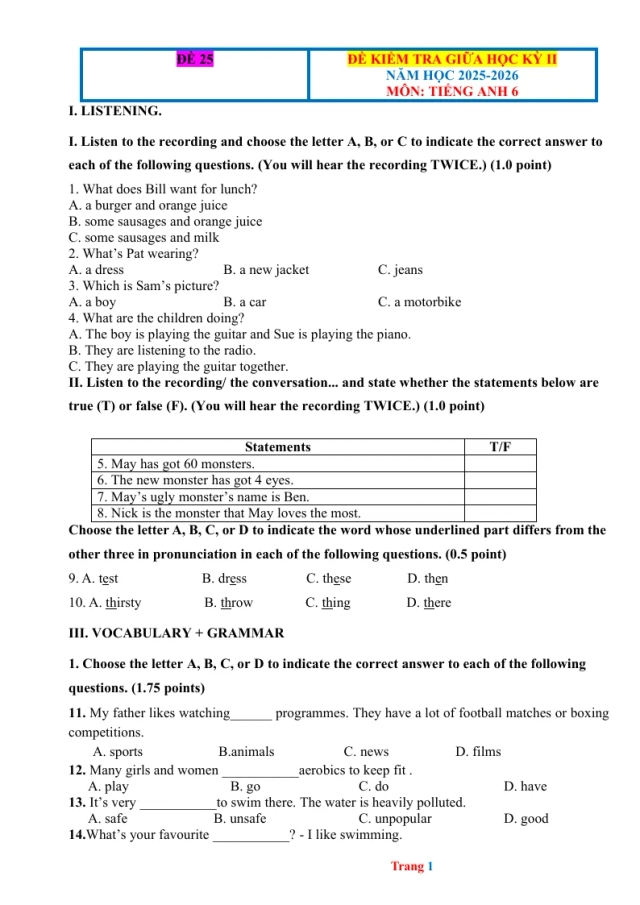 Đề Kiểm Tra Giữa Kỳ 2 Anh 6 2025 - 2026 Đáp Án File Nghe - Đề 25 - Thumbnail
