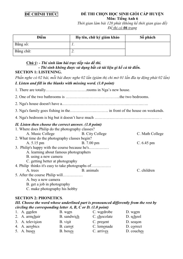 Đề Thi Chọn Học Sinh Giỏi Tiếng Anh 6 Cấp Huyện Có Đáp Án Và File Nghe - Đề 6 - Thumbnail