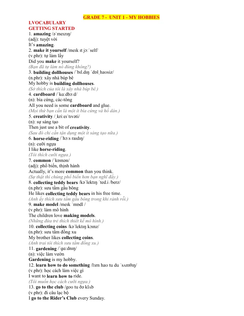 Bài Tập Bổ Trợ Tiếng Anh 7 Unit 1 My Hobbies Có File Nghe