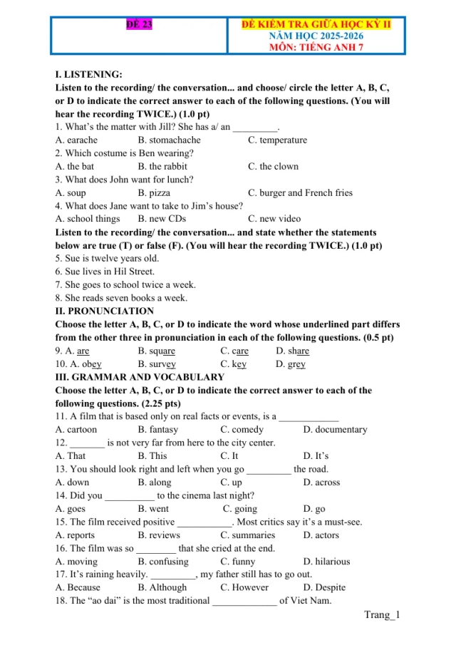 Đề Kiểm Tra Giữa Học Kỳ 2 Anh 7 2025 - 2026 File Nghe Đáp Án - Đề 23 - Thumbnail