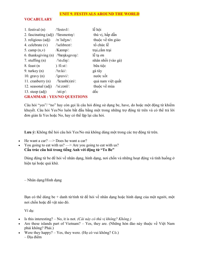 Bài Tập Bổ Trợ Tiếng Anh 7 Unit 9 Festivals Around The World Có File Nghe