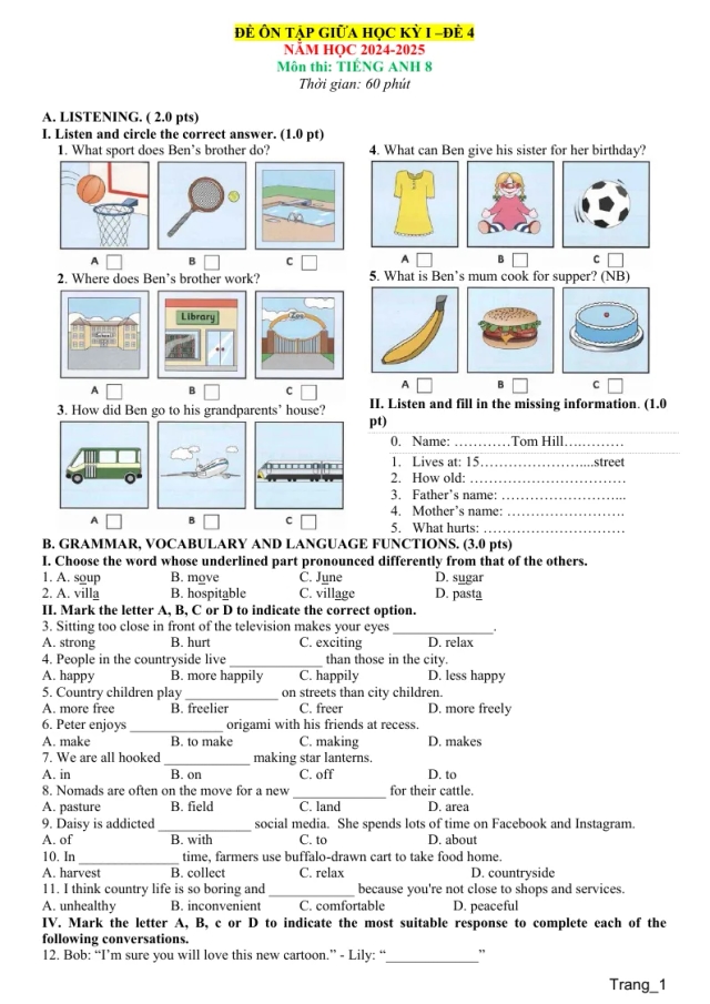 Đề Thi Giữa HK1 Anh 8 Có Đáp Án Và File Nghe - Đề 4 - Thumbnail