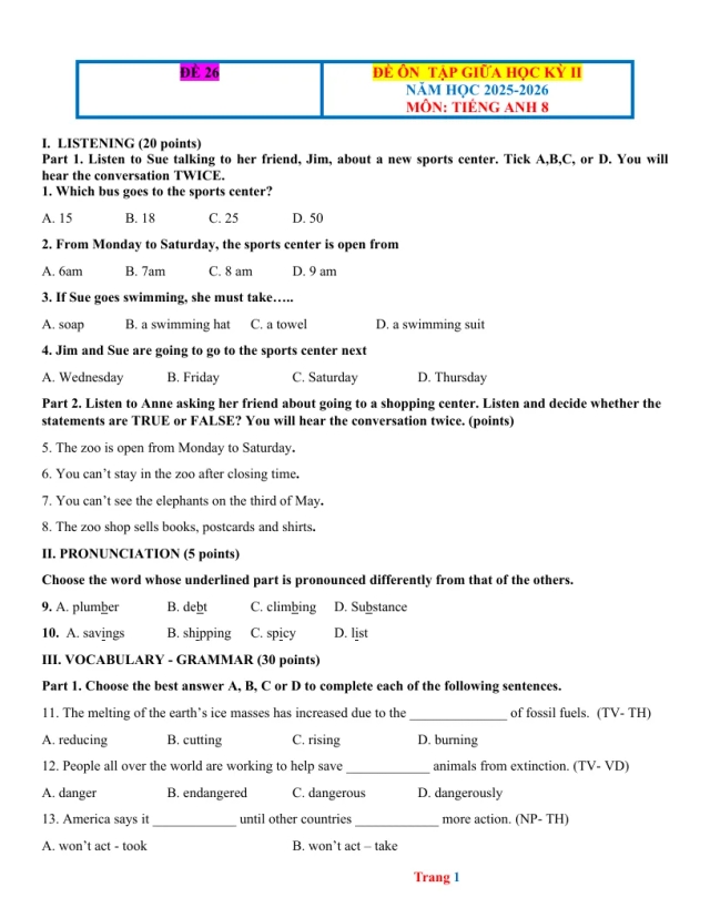 Đề Ôn Giữa HK2 Anh 8 2025 - 2026 Có Đáp Án File Nghe - Đề 26 - Thumbnail