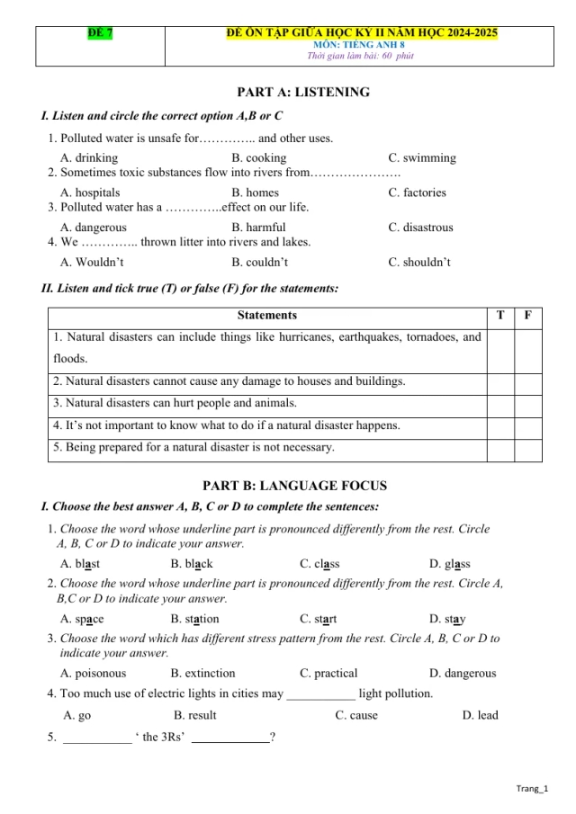Đề Thi Giữa HK 2 Tiếng Anh 8 Có Đáp Án Và File Nghe - Đề 7 - Thumbnail