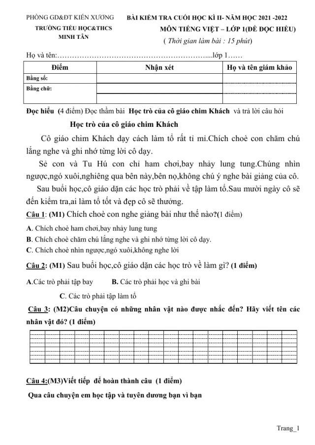 Đề Kiểm Tra Cuối Kì 2 Tiếng Việt 1 2021 - 2022 TH Minh Tân - Thumbnail