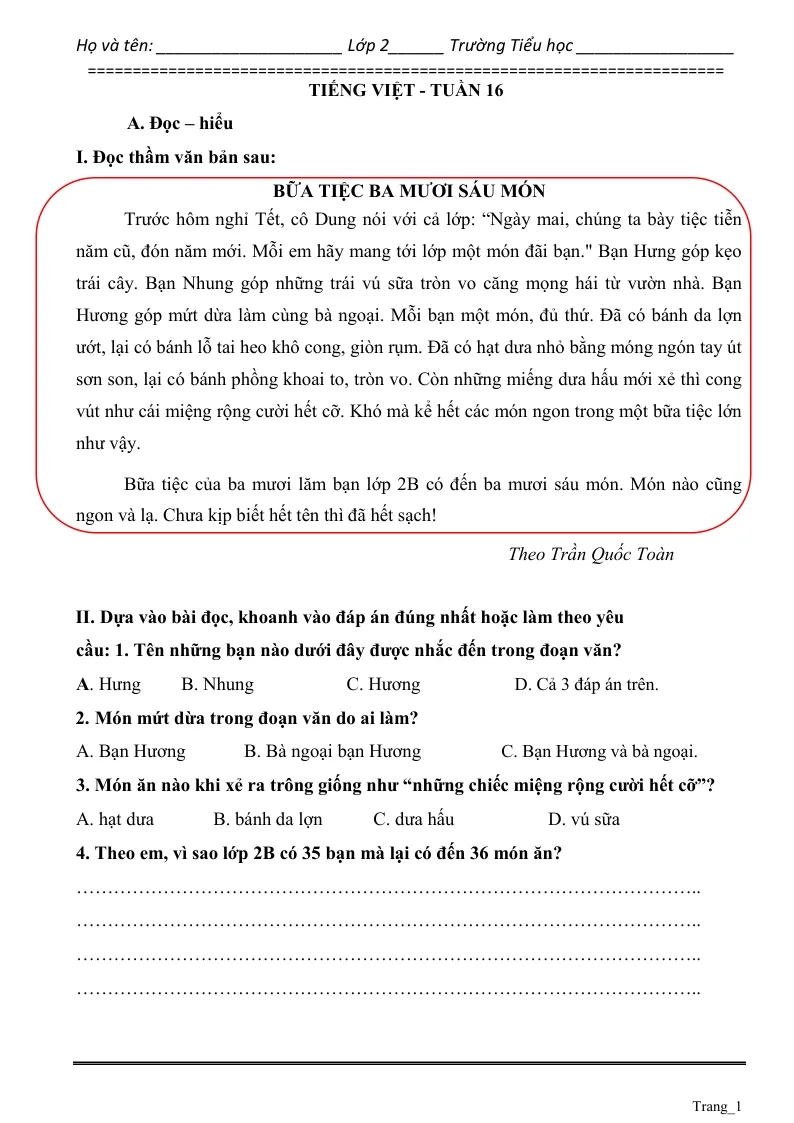 Phiếu Cuối Tuần Tiếng Việt 2 Tuần 16