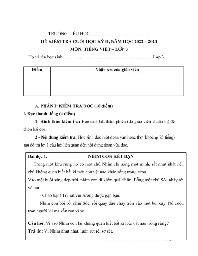 Đề Kiểm Tra Học Kỳ 2 Tiếng Việt 3 - Thumbnail