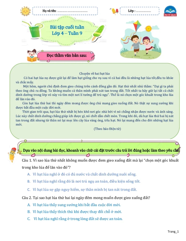 Bài Tập Cuối Tuần Tiếng Việt 4 Tuần 9 - Thumbnail